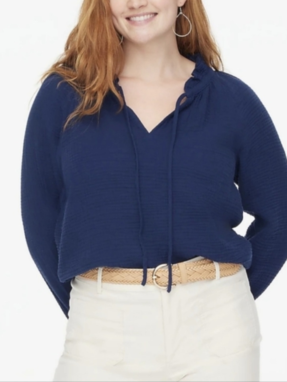J. Crew Navy Ruffle Tie-Neck Tunic Top